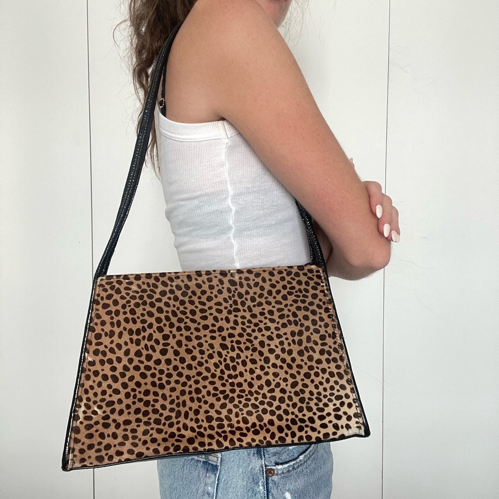 Vintage 90s Brown and Black Leopard Print Calf Hair Shoulder Bag